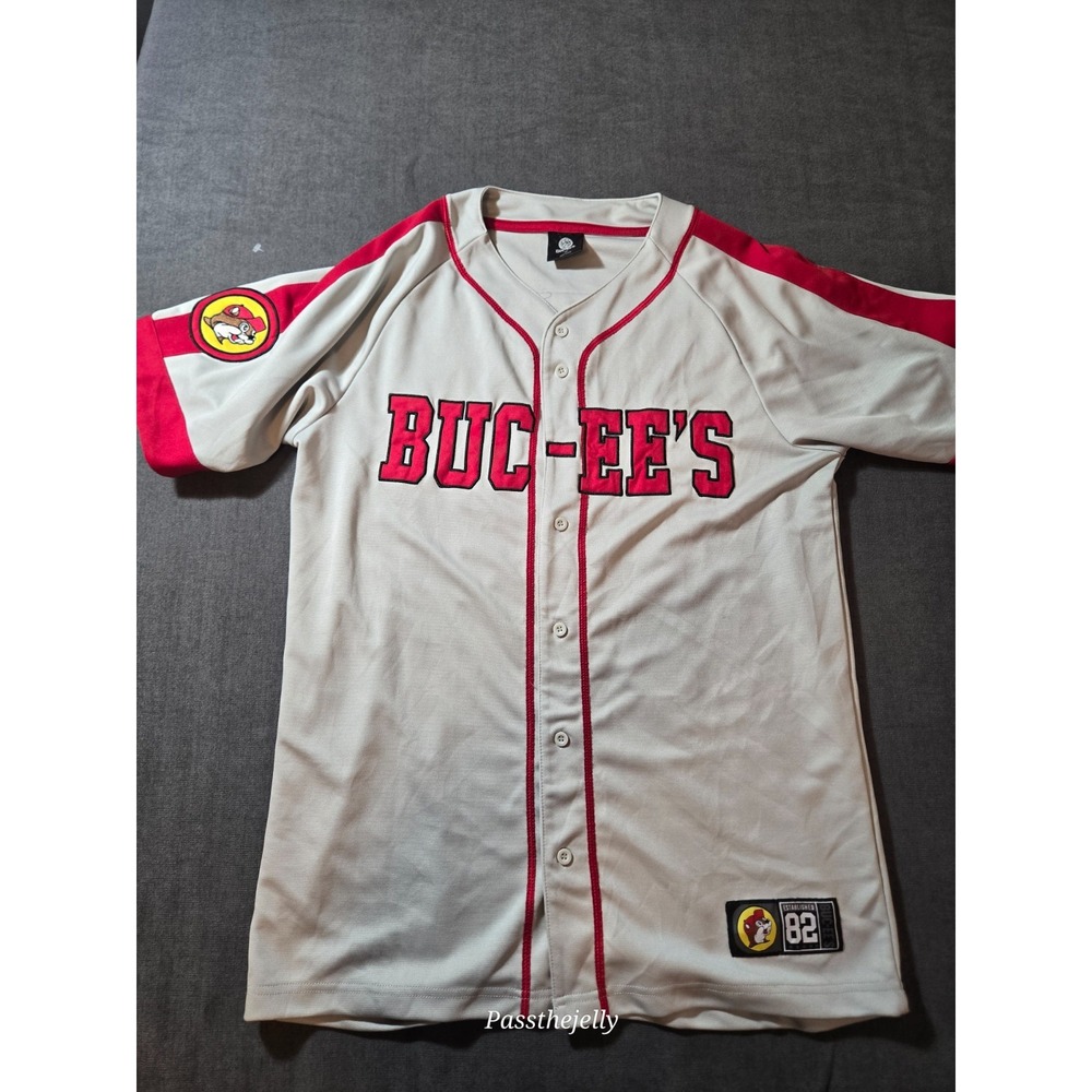 Buc-ee's Colorado 82 Baseball Jersey Mens M Button Front White Red Beaver Patch